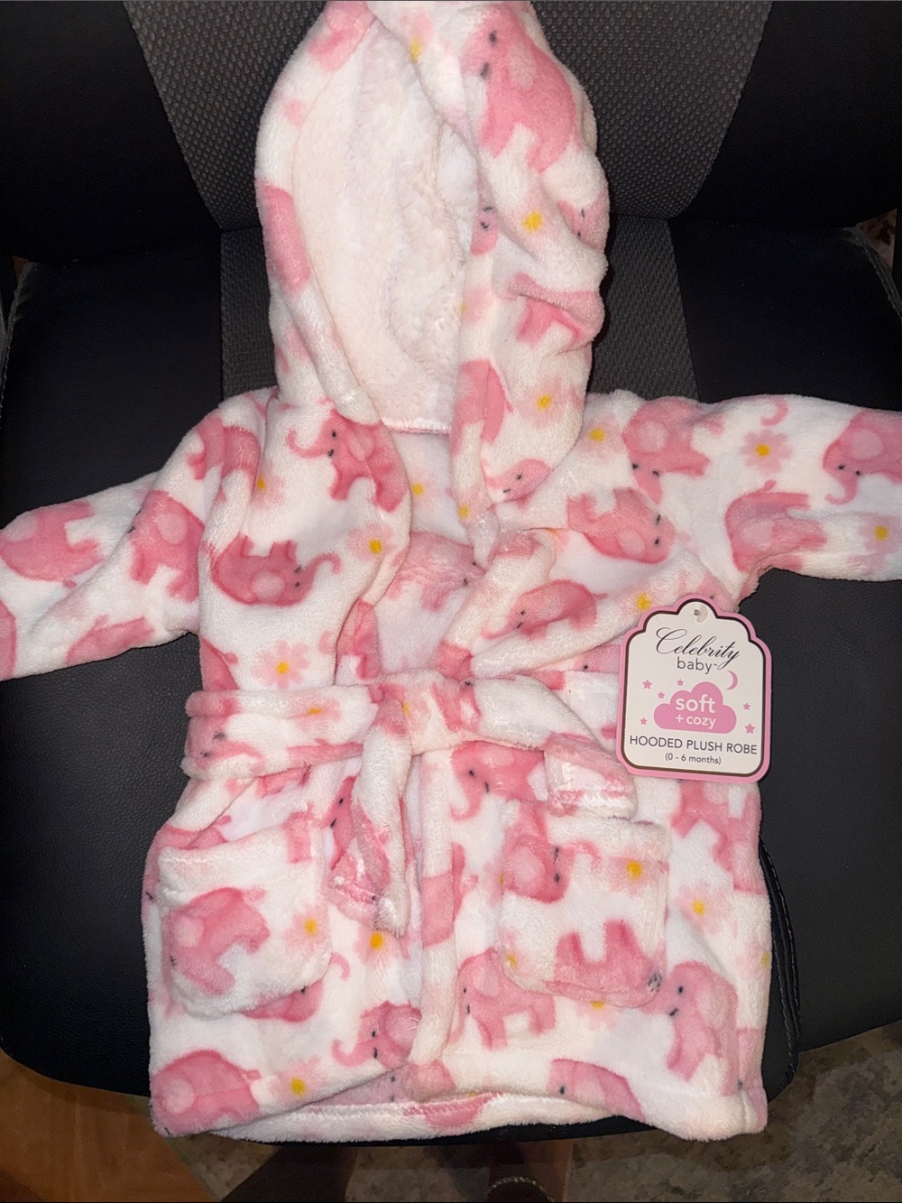 Celebrity Pink Hooded Plush Baby Robe with Pink Elephant Print